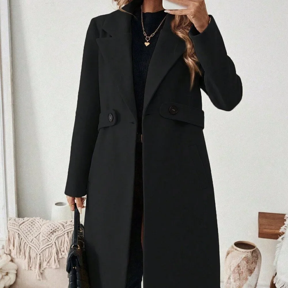 Black Casual Women's Flat Collar Pocket Belted Long Sleeve Coat Jacket - Picture 3 of 6